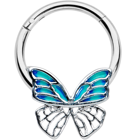 16G 3/8 Simple Blue Butterfly Wings Hinged Segment Ring