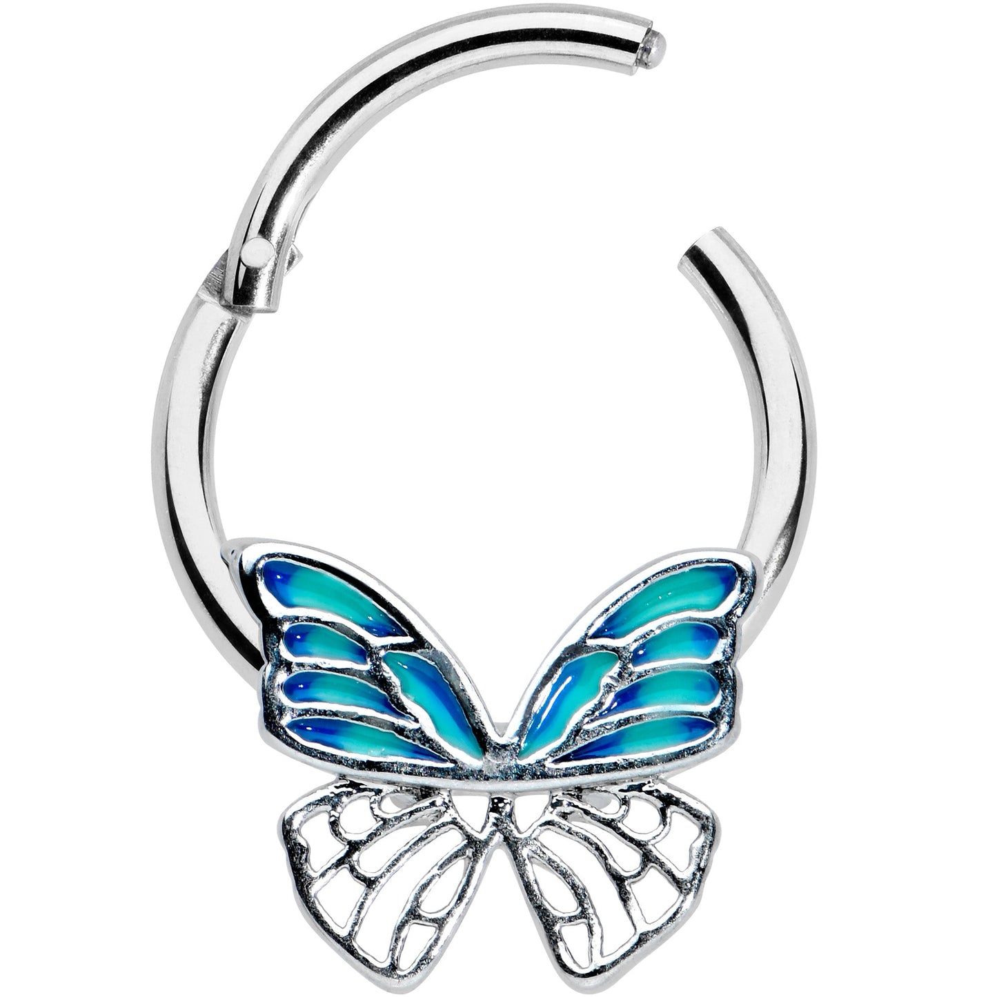 16G 3/8 Simple Blue Butterfly Wings Hinged Segment Ring