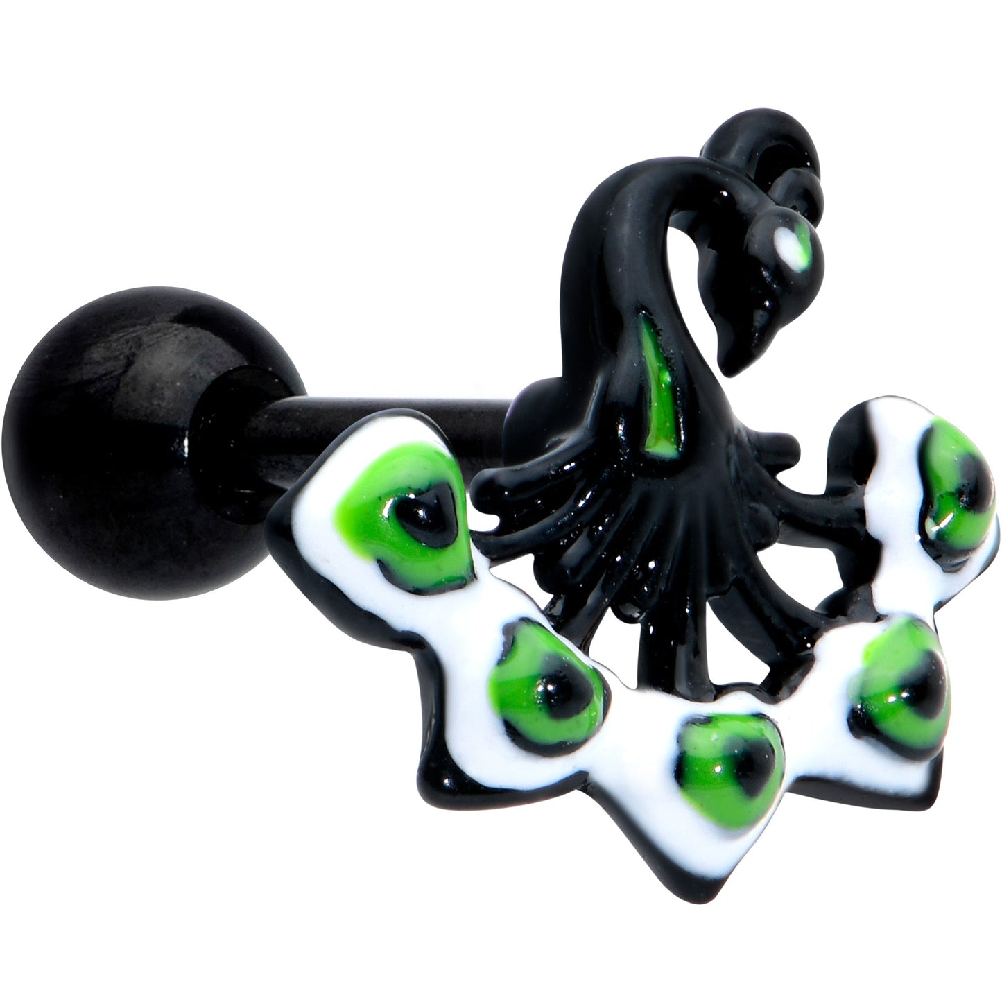 16G 1/4 Black Green Perfect Peacock Cartilage Tragus Earring