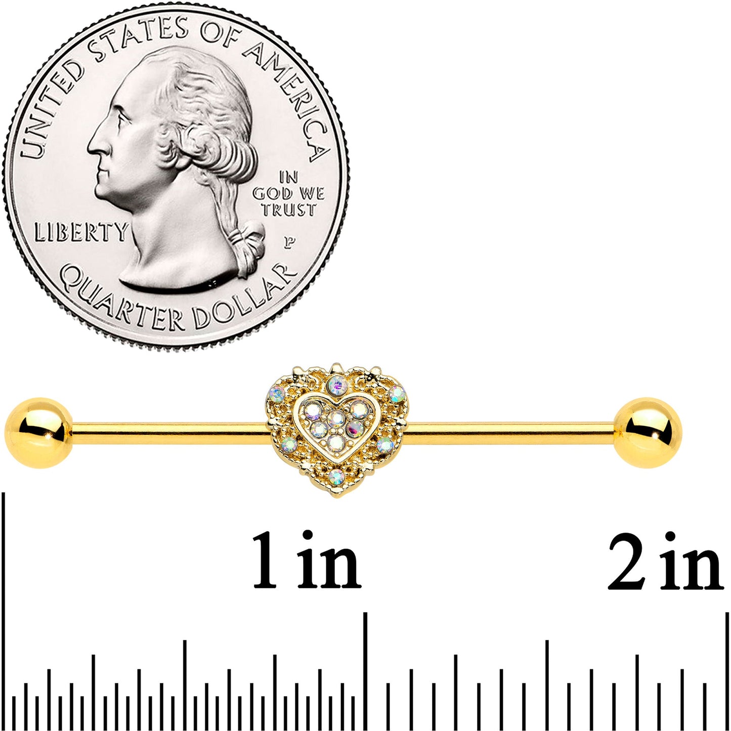 14G Aurora Gem Gold Tone Baroque Heart Industrial Barbell 38mm