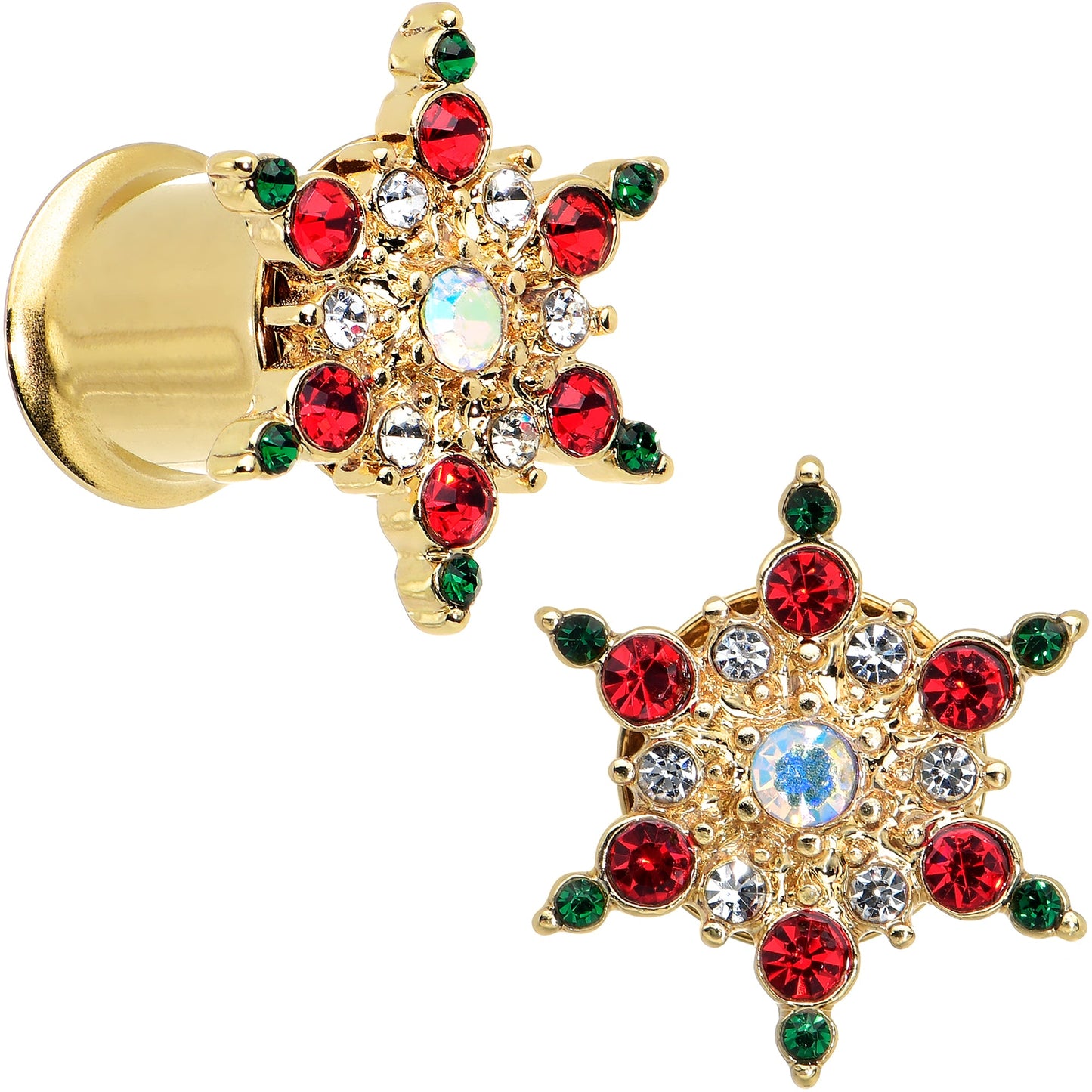 Red Green Gem Gold Tone Bright Christmas Double Flare Plug Set