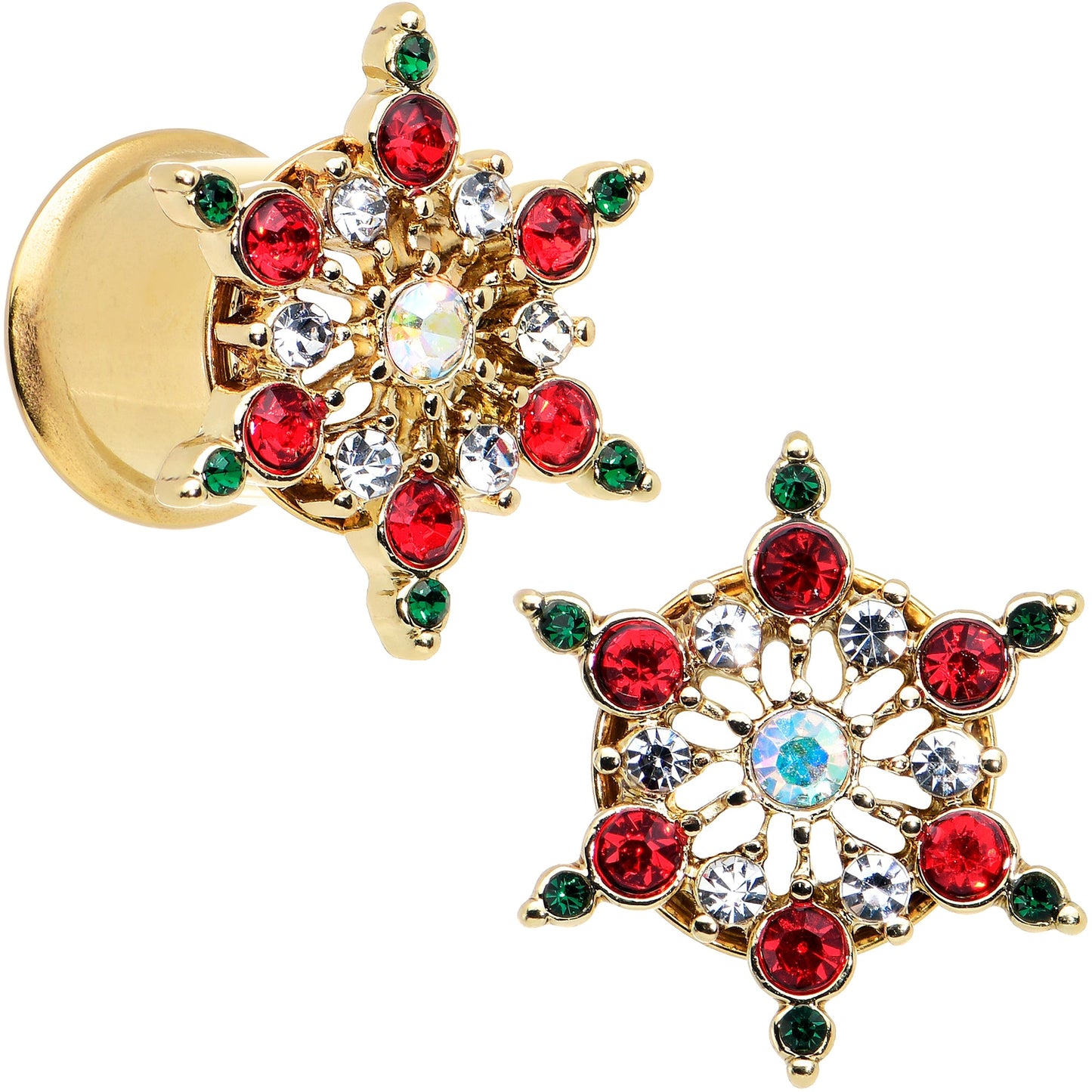 Red Green Gem Gold Tone Bright Christmas Double Flare Plug Set