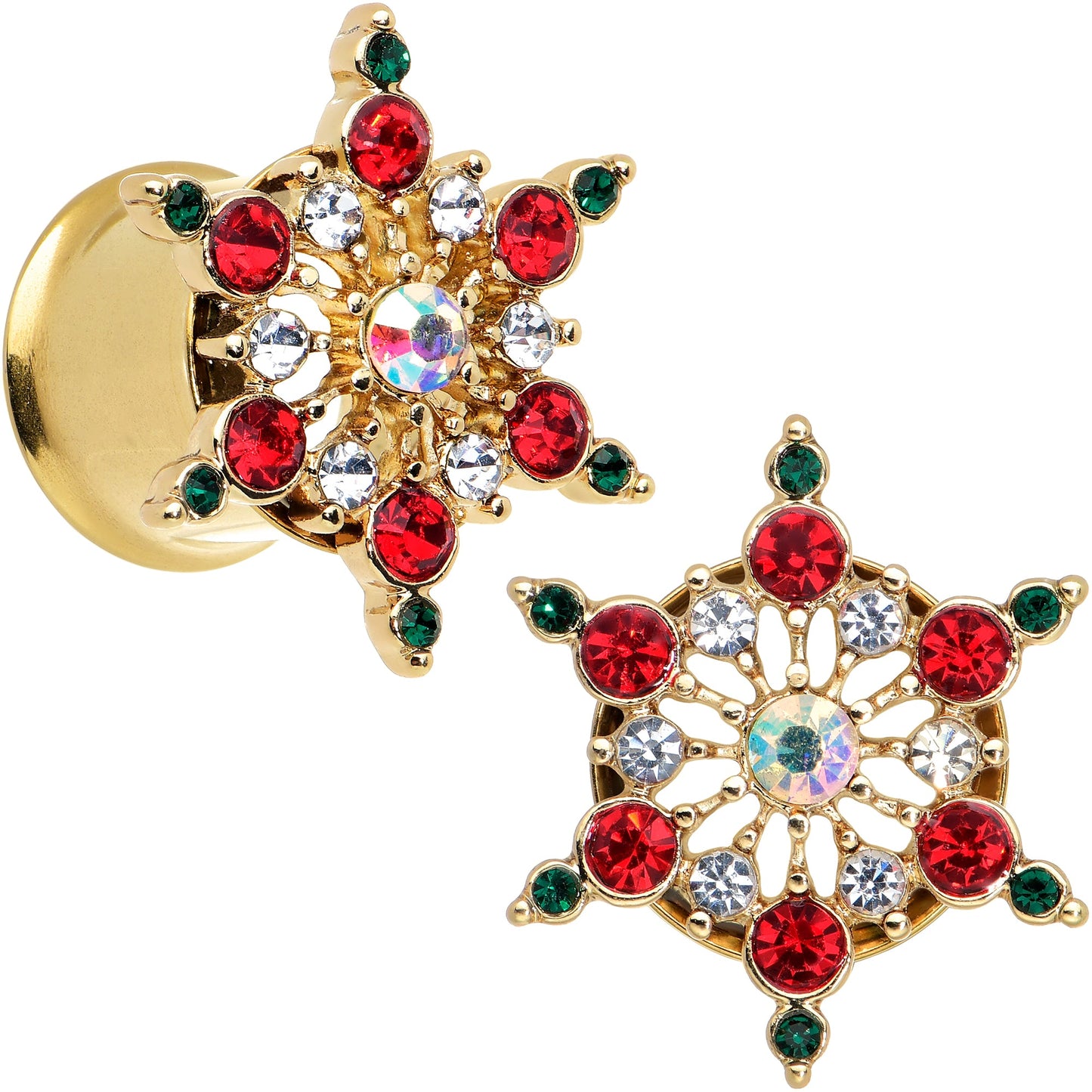 Red Green Gem Gold Tone Bright Christmas Double Flare Plug Set