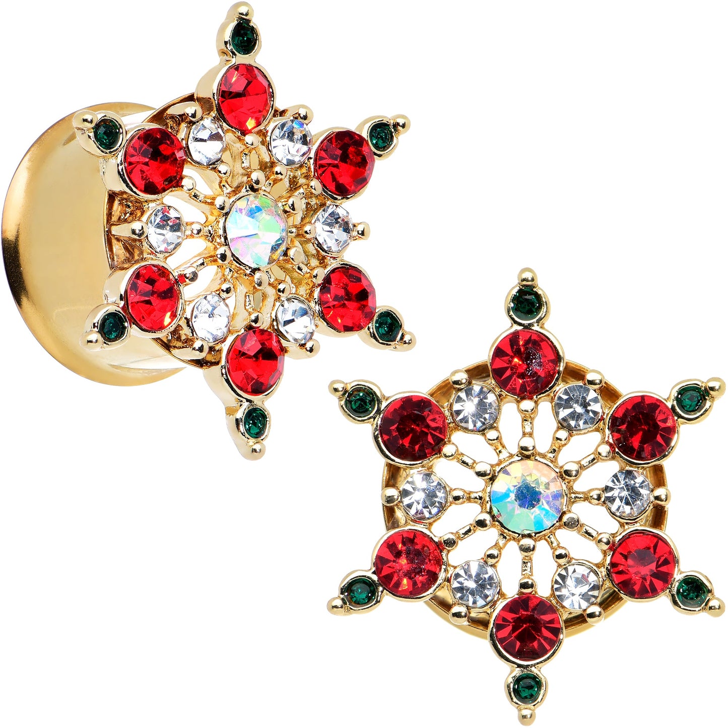 Red Green Gem Gold Tone Bright Christmas Double Flare Plug Set