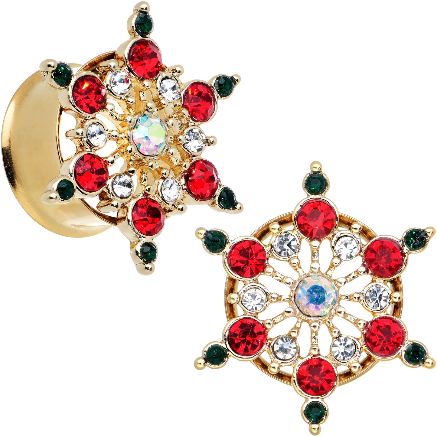 Red Green Gem Gold Tone Bright Christmas Double Flare Plug Set