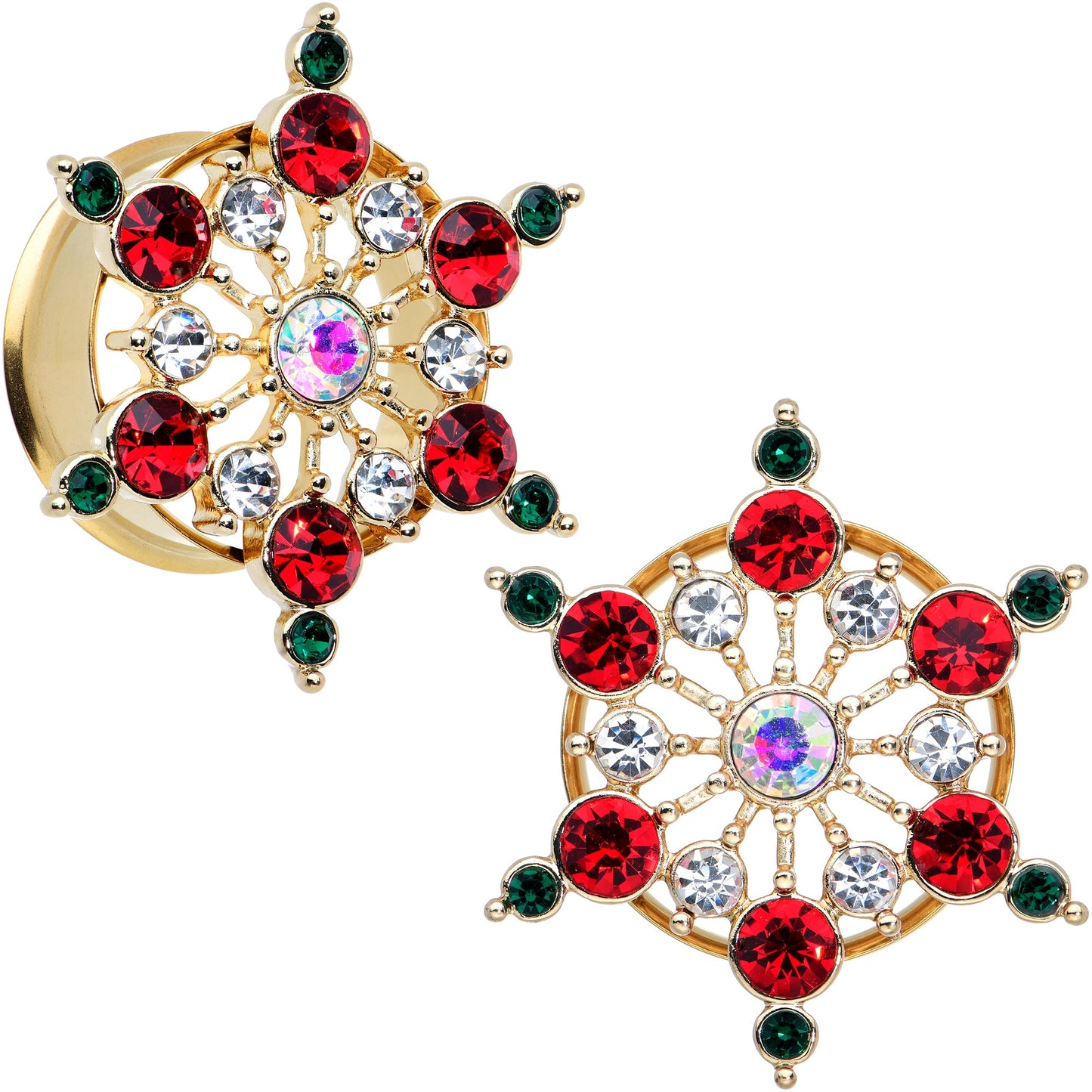 Red Green Gem Gold Tone Bright Christmas Double Flare Plug Set