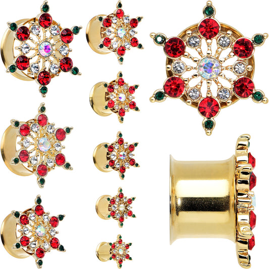 Red Green Gem Gold Tone Bright Christmas Double Flare Plug Set