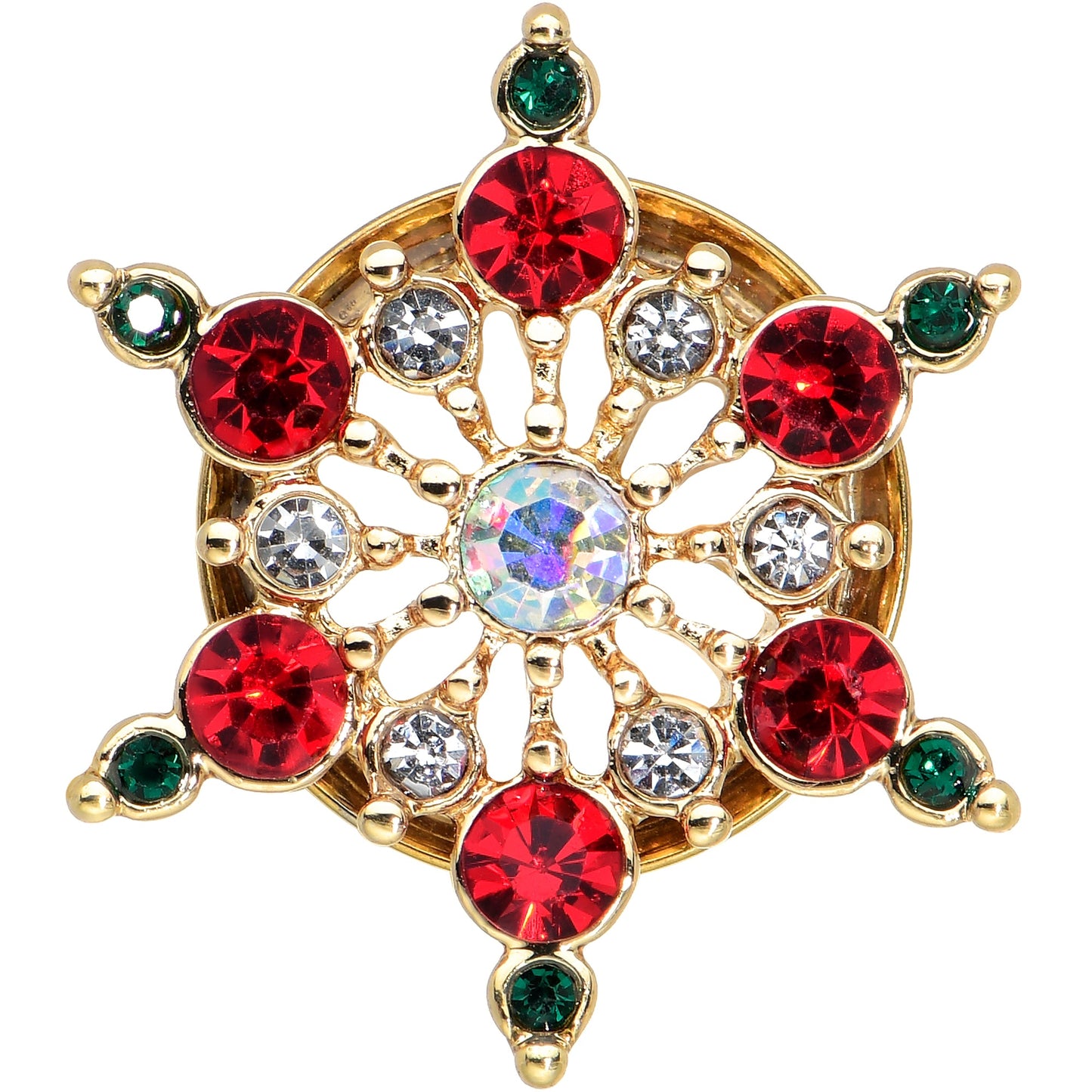 Red Green Gem Gold Tone Bright Christmas Double Flare Plug Set