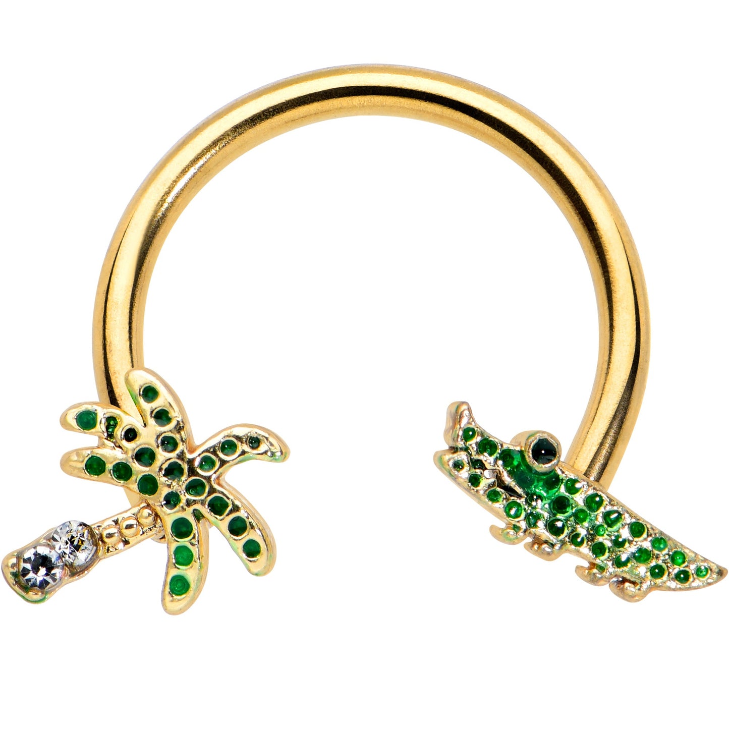 16G 3/8 Gold Tone Green Gator Palm Tree Horseshoe Curved Barbell