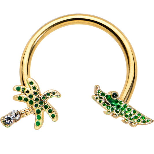 16G 3/8 Gold Tone Green Gator Palm Tree Horseshoe Curved Barbell