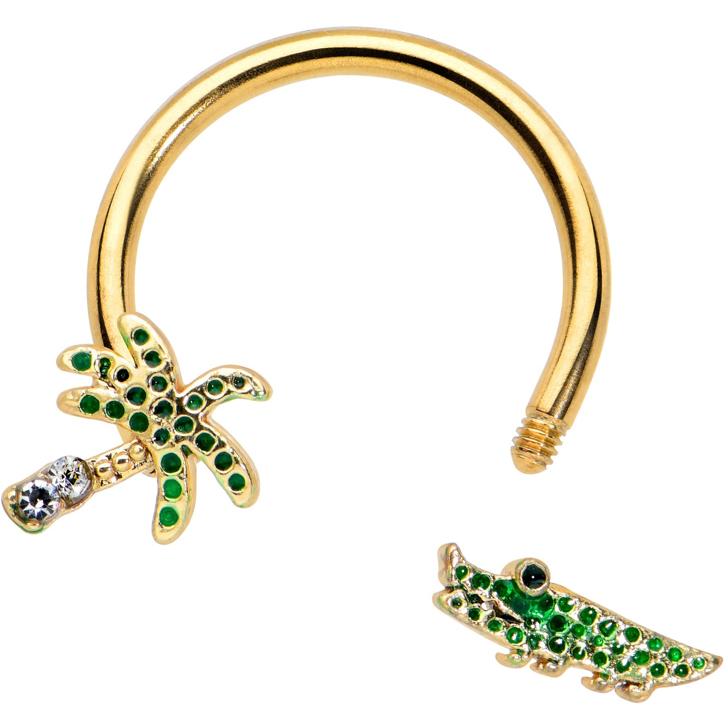 16G 3/8 Gold Tone Green Gator Palm Tree Horseshoe Curved Barbell
