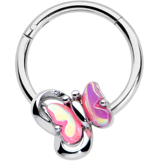 16G 3/8 Heart Pink Butterfly Hinged Segment Ring