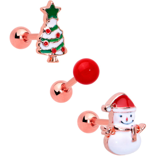 16G 1/4 Red Gem Rose Gold Tone Snowman Christmas Tragus Set of 3