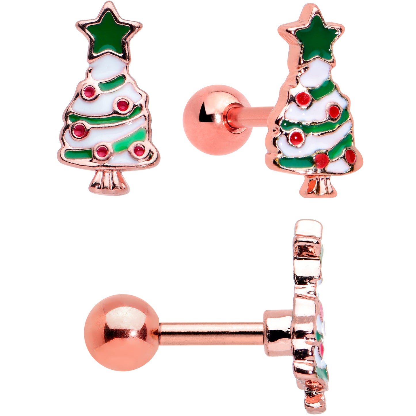 16G 1/4 Red Gem Rose Gold Tone Snowman Christmas Tragus Set of 3