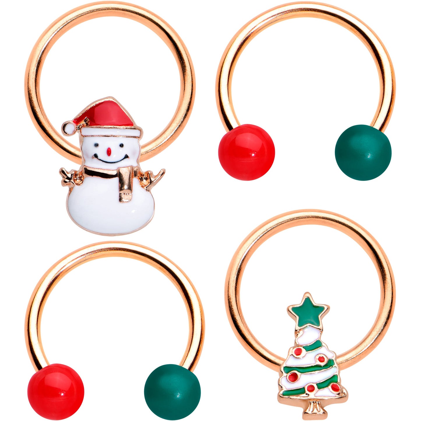 16G 3/8 Rose Gold Tone Snowman Christmas BCR Horseshoe Set of 4