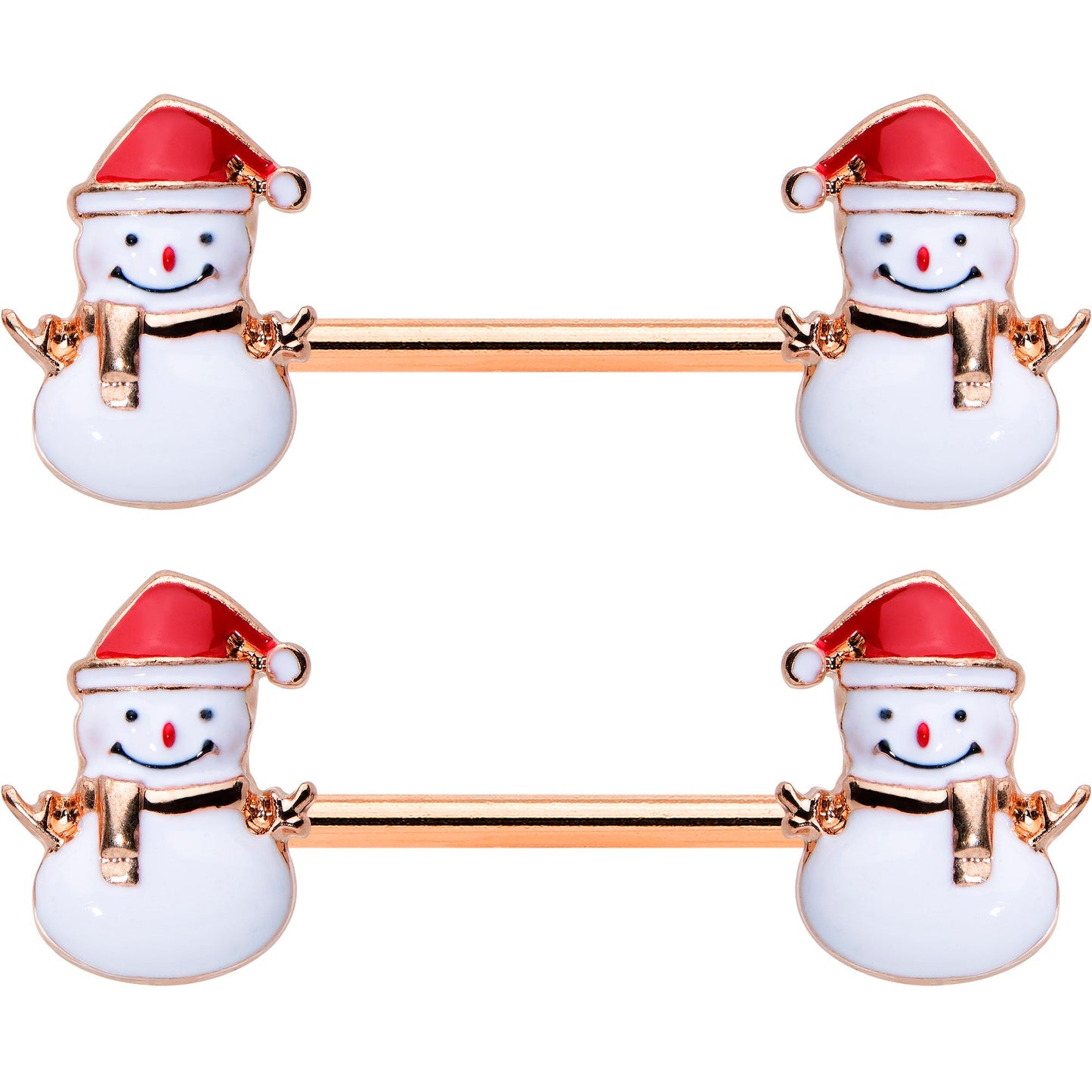 14G 9/16 Rose Gold Tone Smiling Snowman Christmas Nipple Ring Set