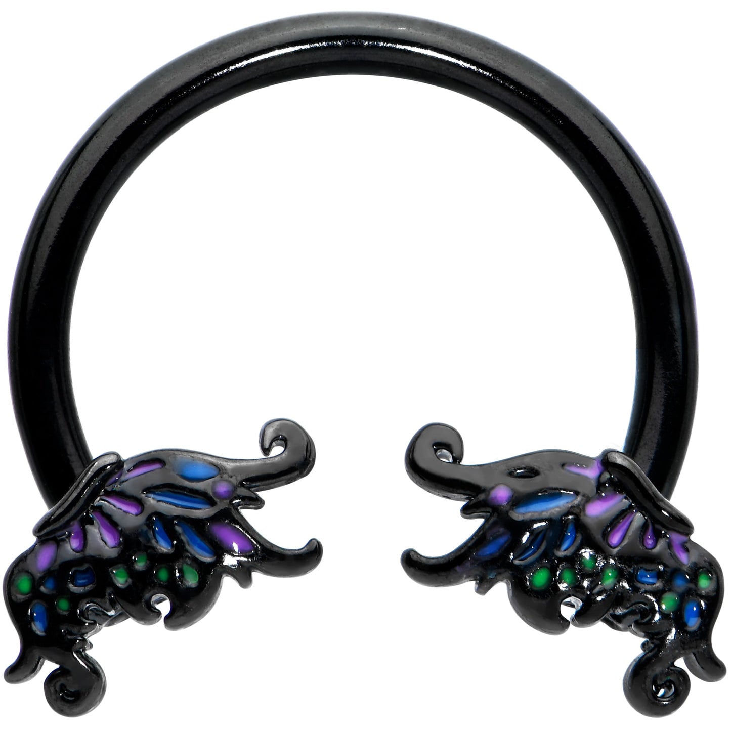16G 3/8 Black Fantasy Faerie Wings Horseshoe Circular Barbell