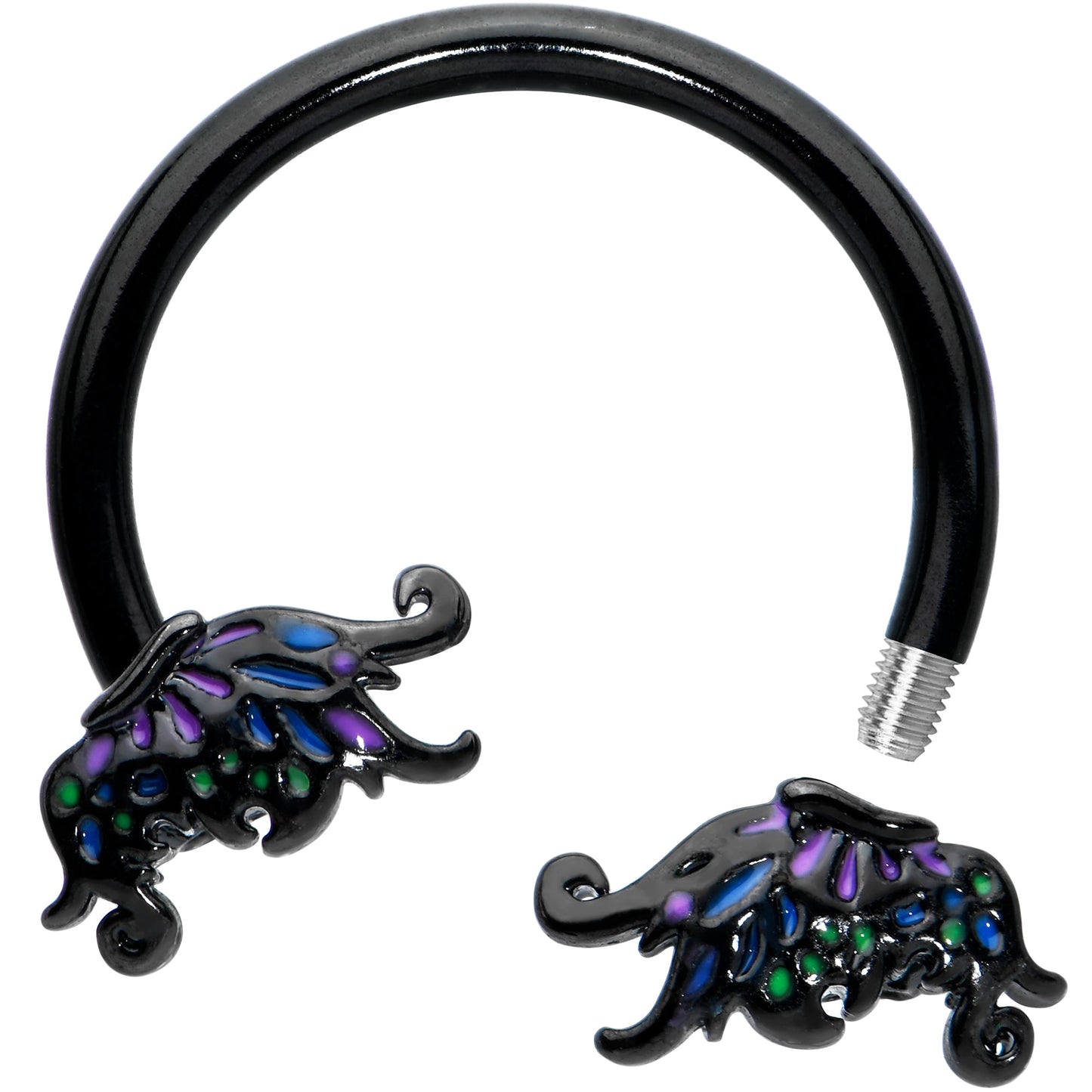 16G 3/8 Black Fantasy Faerie Wings Horseshoe Circular Barbell