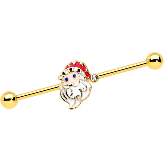 14G Gold Tone Blue Eyed Santa Christmas Industrial Barbell 38mm