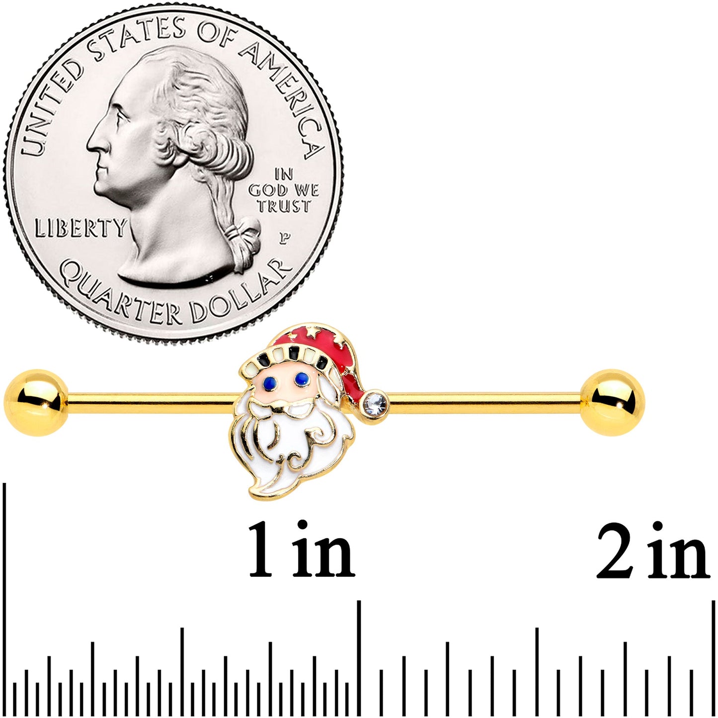 14G Gold Tone Blue Eyed Santa Christmas Industrial Barbell 38mm
