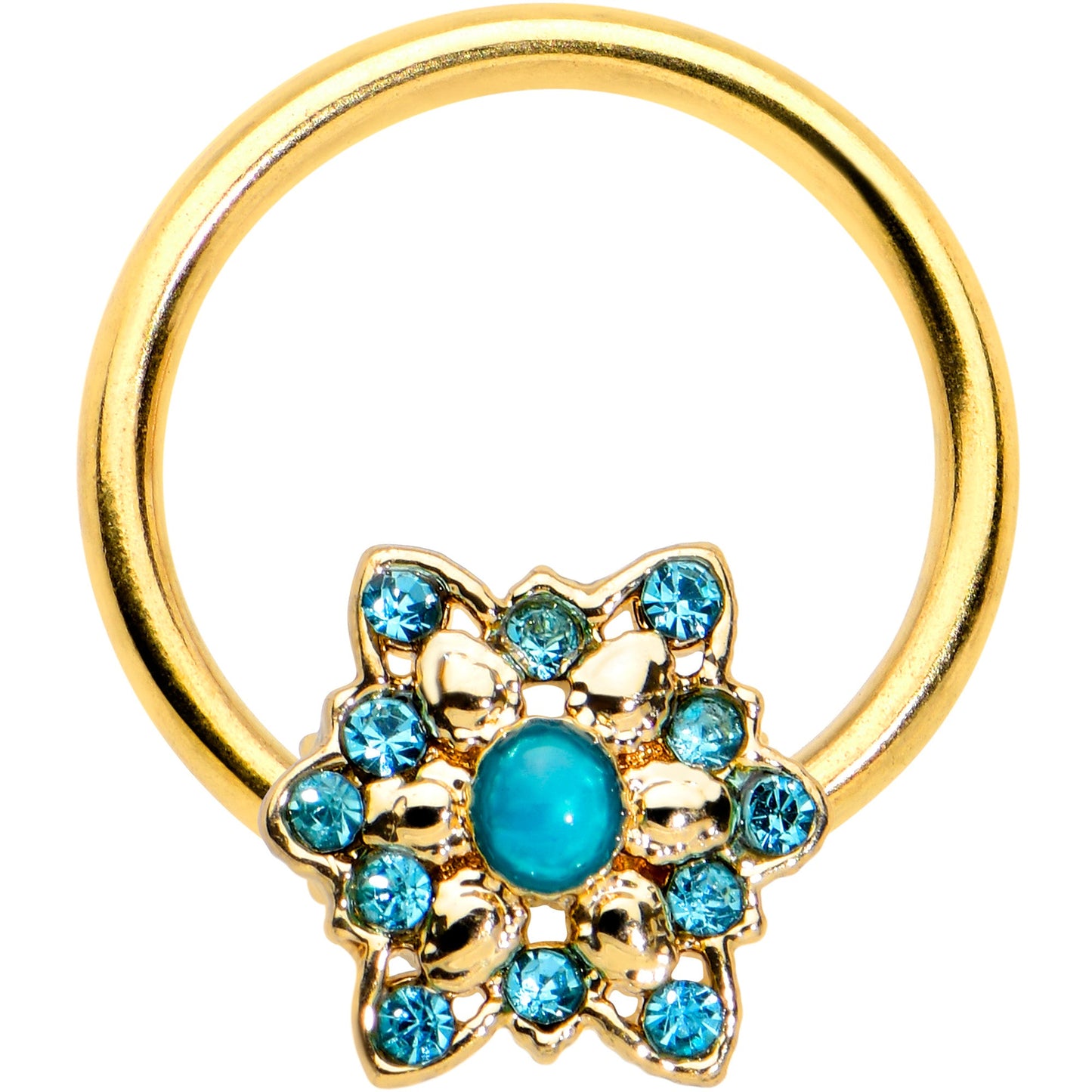 16G 3/8 Aqua Gem Gold Tone Snowflake Christmas BCR Captive Ring