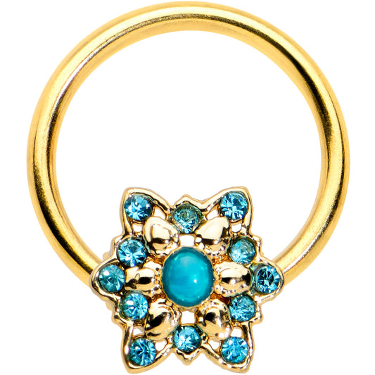 16G 3/8 Aqua Gem Gold Tone Snowflake Christmas BCR Captive Ring