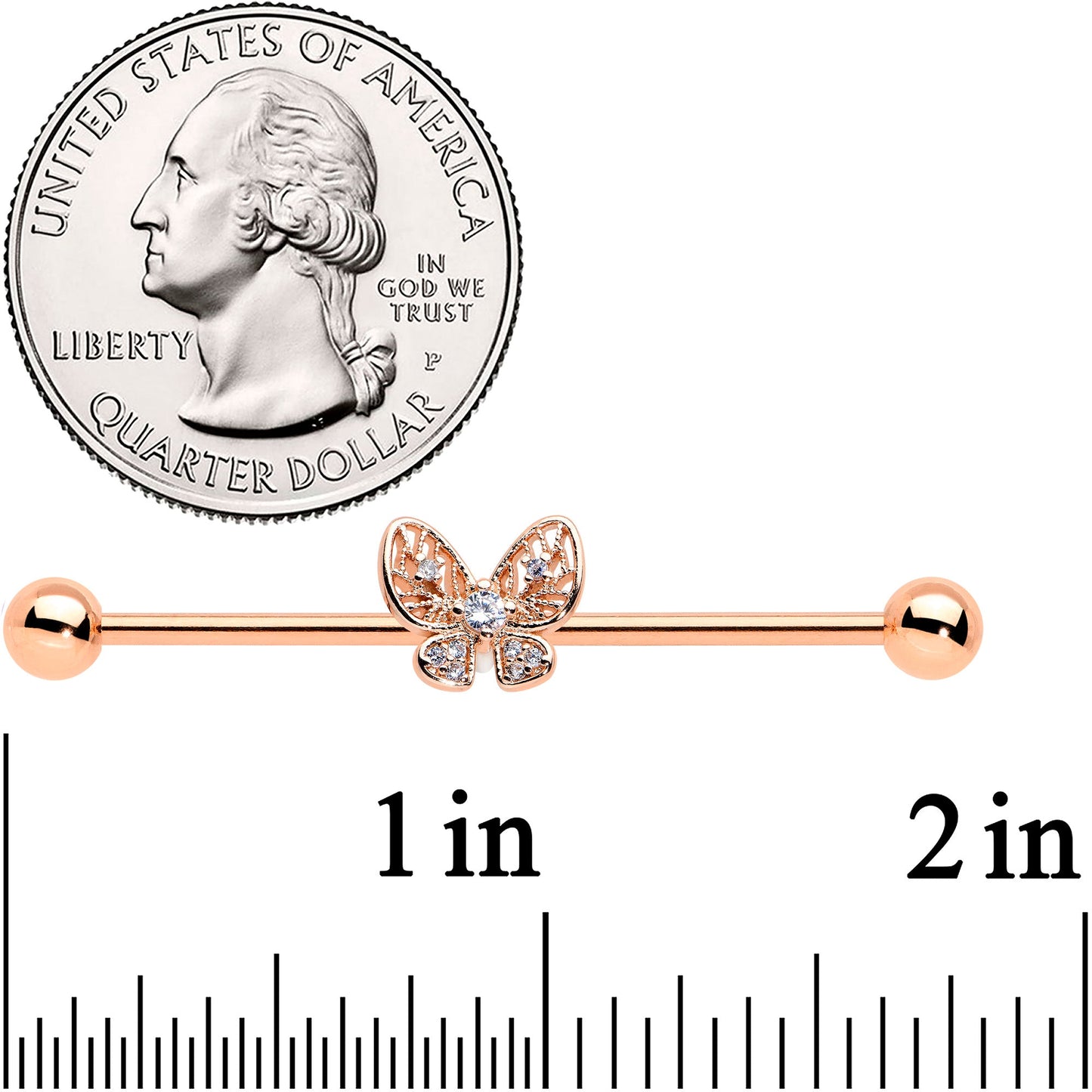 14G Clear Rose Gold Tone Airy Butterfly Industrial Barbell 38mm