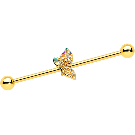 14G Gold Tone Colorful Hearts Butterfly Industrial Barbell 38mm