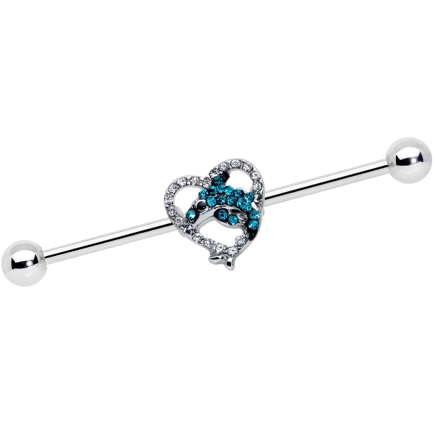 14G Clear Blue Gem Dolphin Heart Industrial Barbell 38mm