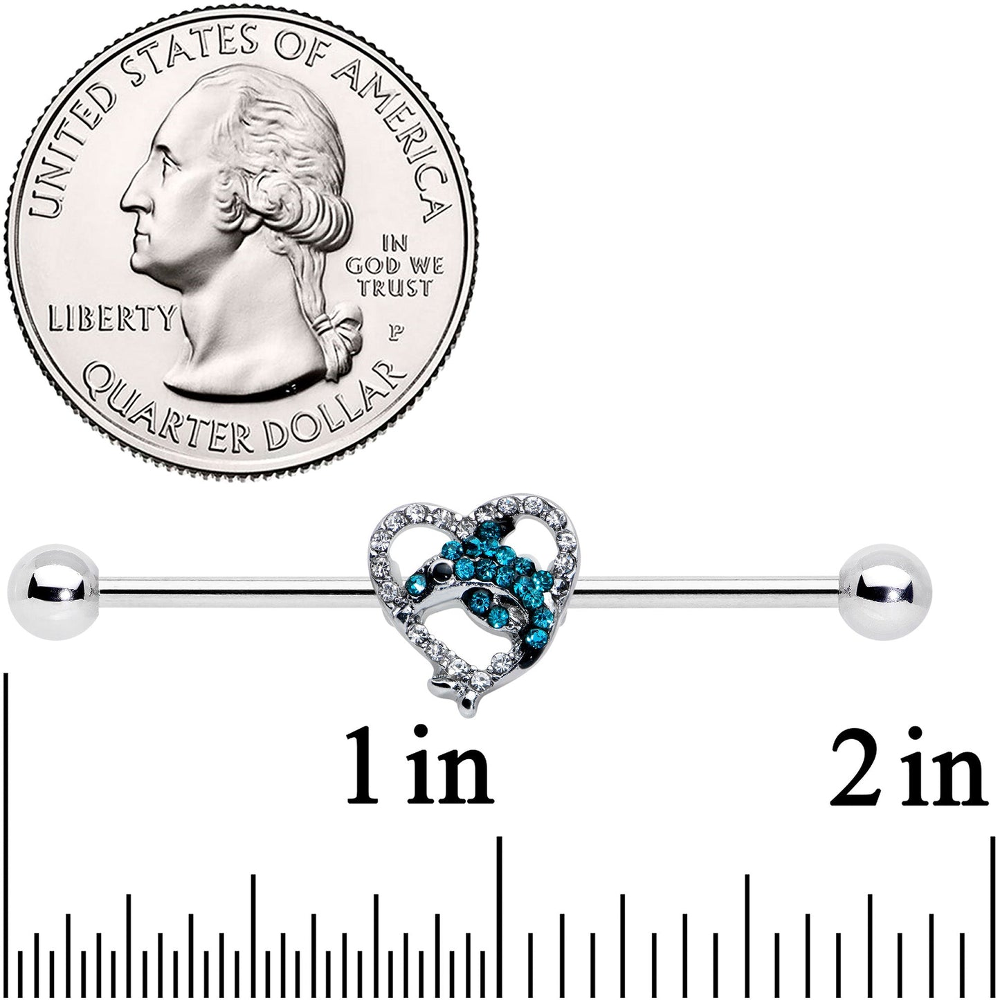 14G Clear Blue Gem Dolphin Heart Industrial Barbell 38mm