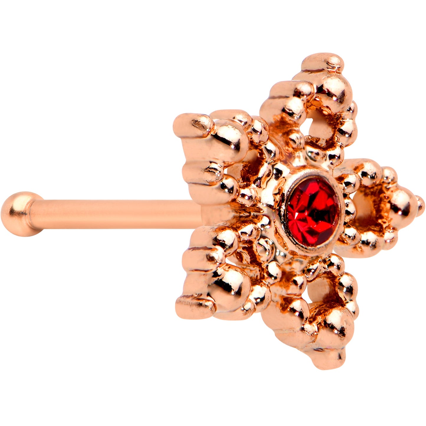 20G 1/4 Red Gem Rose Gold Tone Textured Snowflake Nose Bone