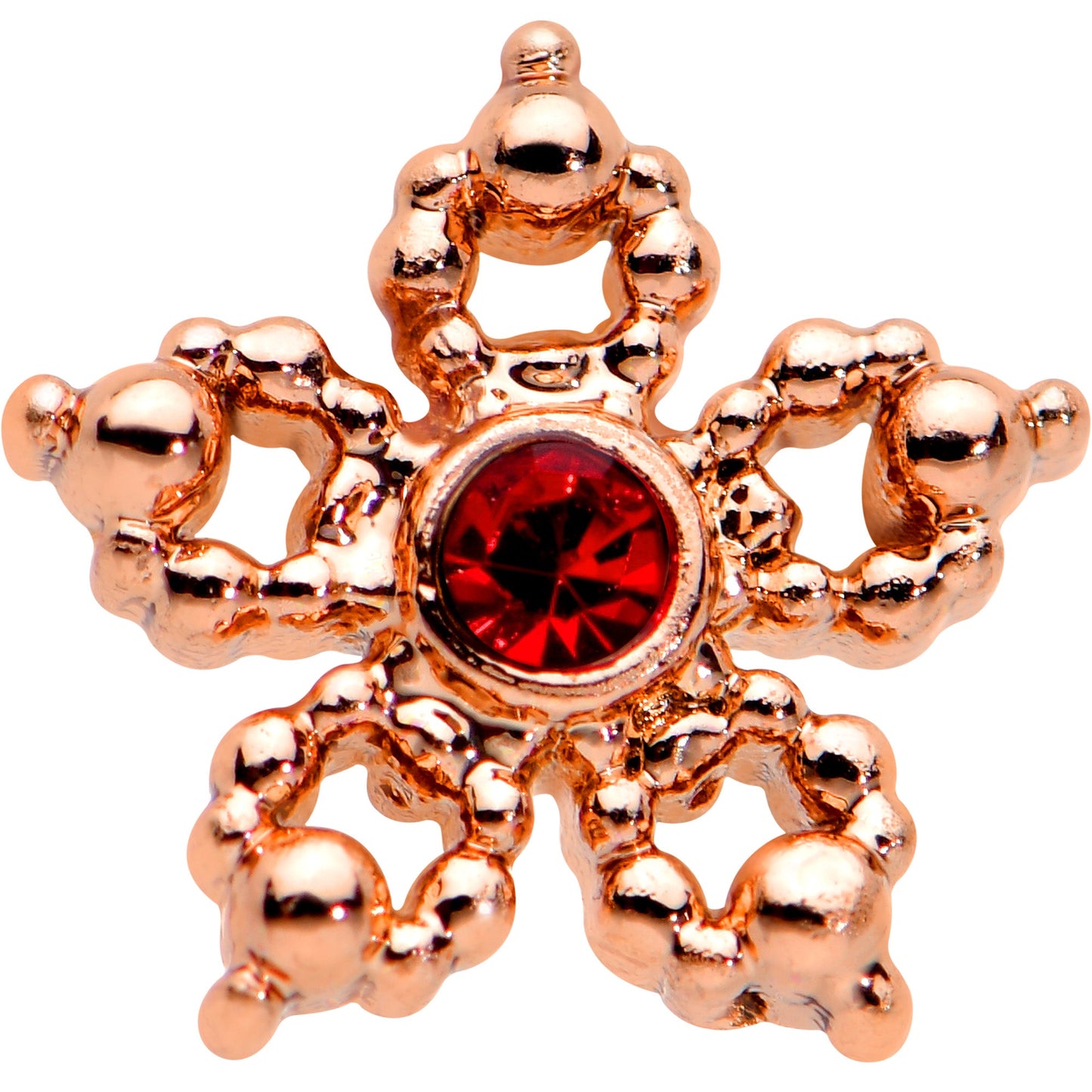 20G 1/4 Red Gem Rose Gold Tone Textured Snowflake Nose Bone