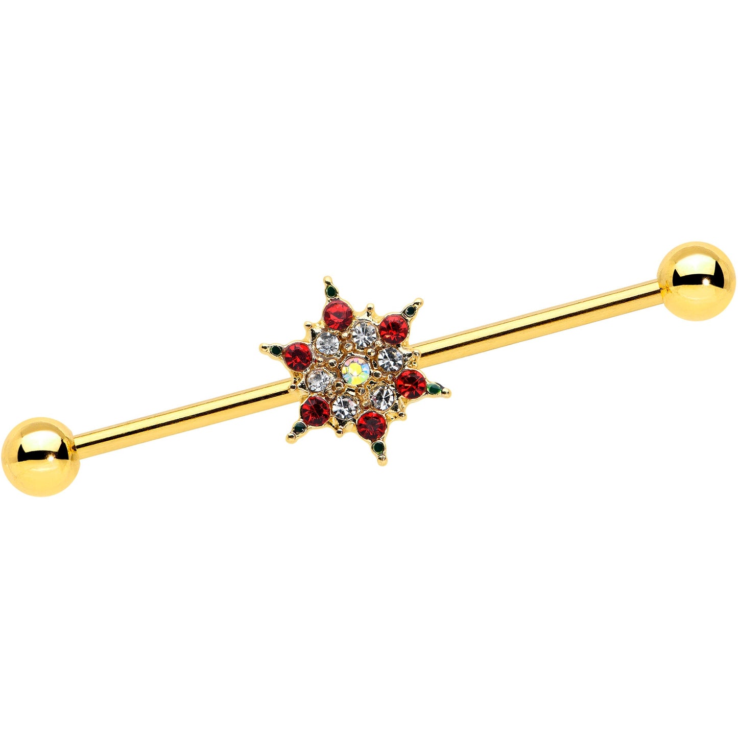14G Red Gem Gold Tone Bright Christmas Industrial Barbell 38mm
