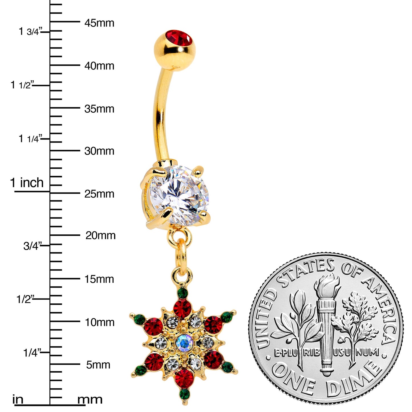 Aurora Red Green Gem Gold Tone Christmas Star Holiday Dangle Belly Ring