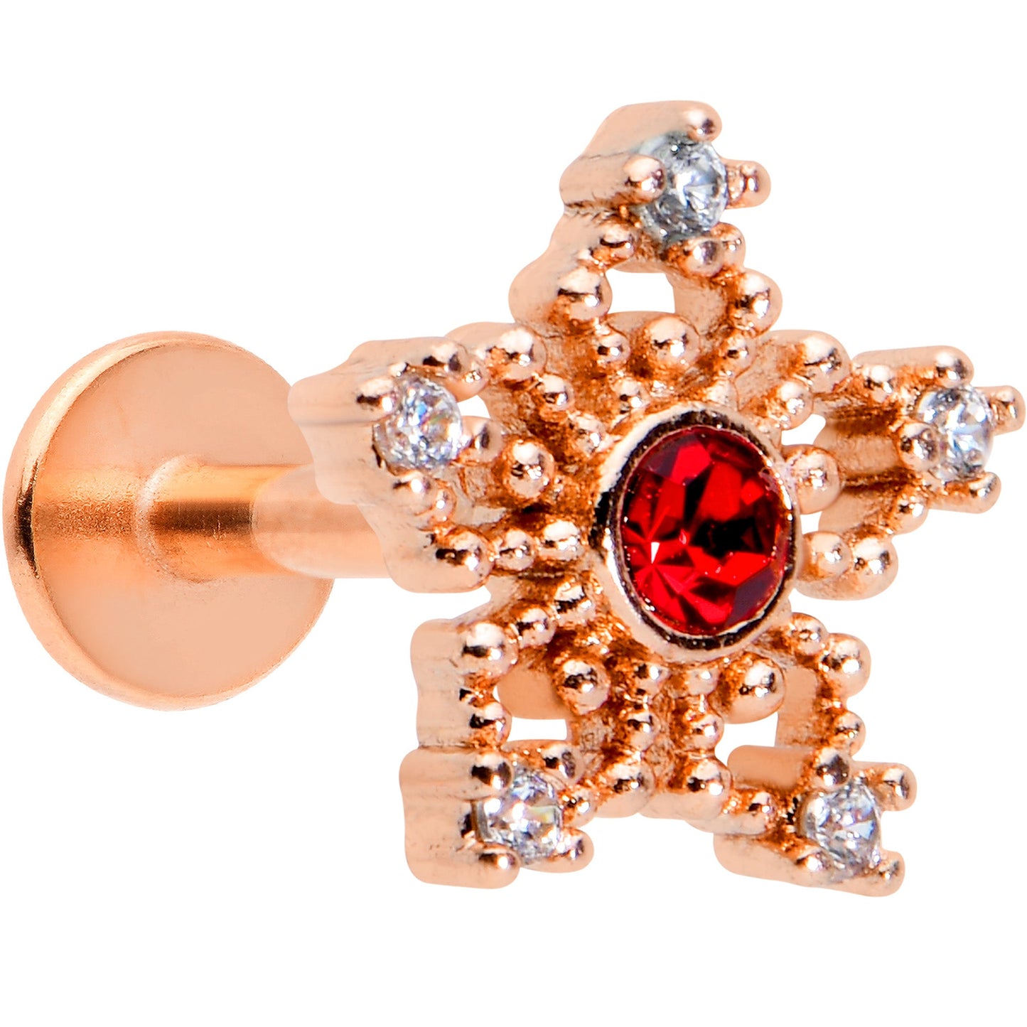 16G 1/4 Red Gem Rose Gold Tone Texture Snowflake Labret Tragus
