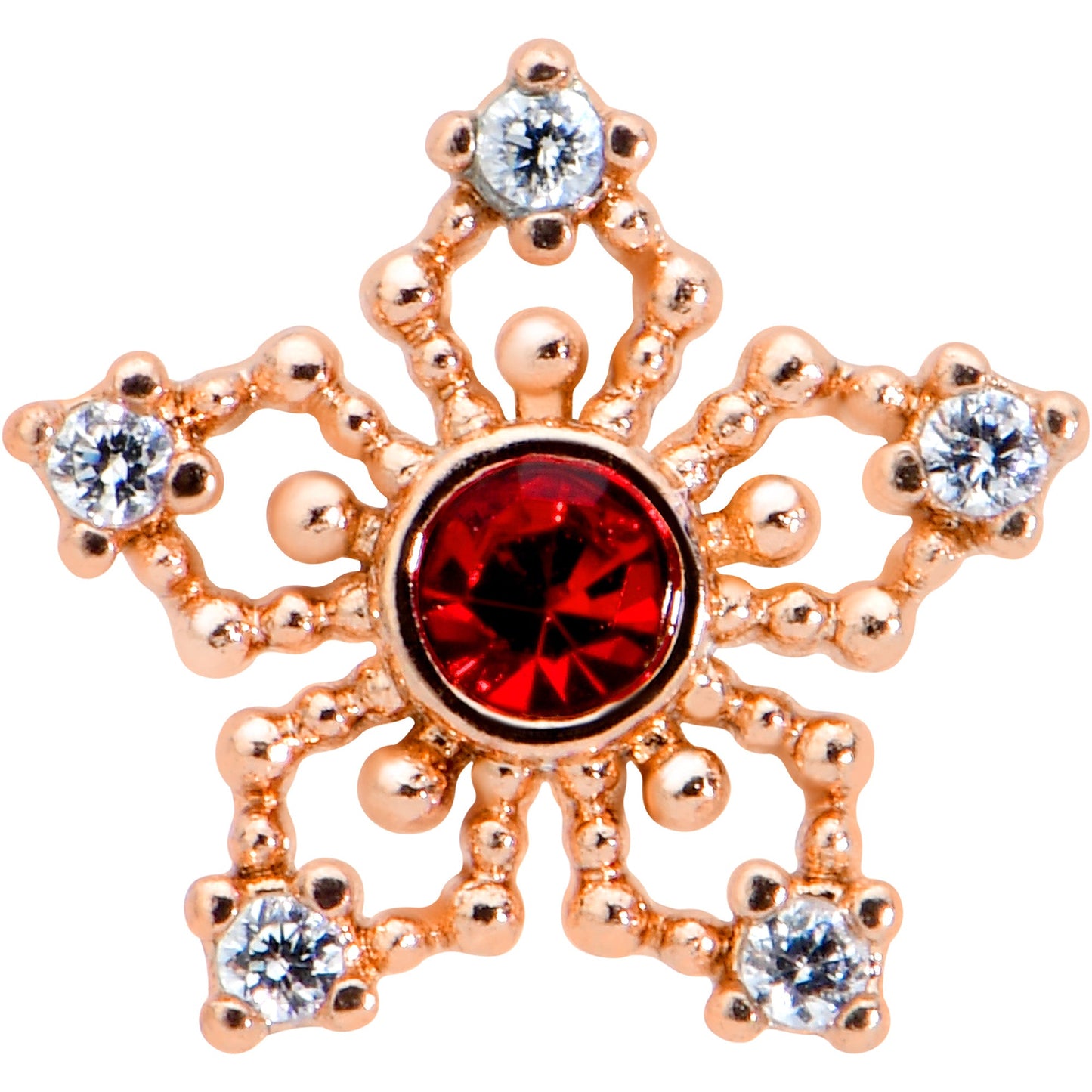 16G 1/4 Red Gem Rose Gold Tone Texture Snowflake Labret Tragus