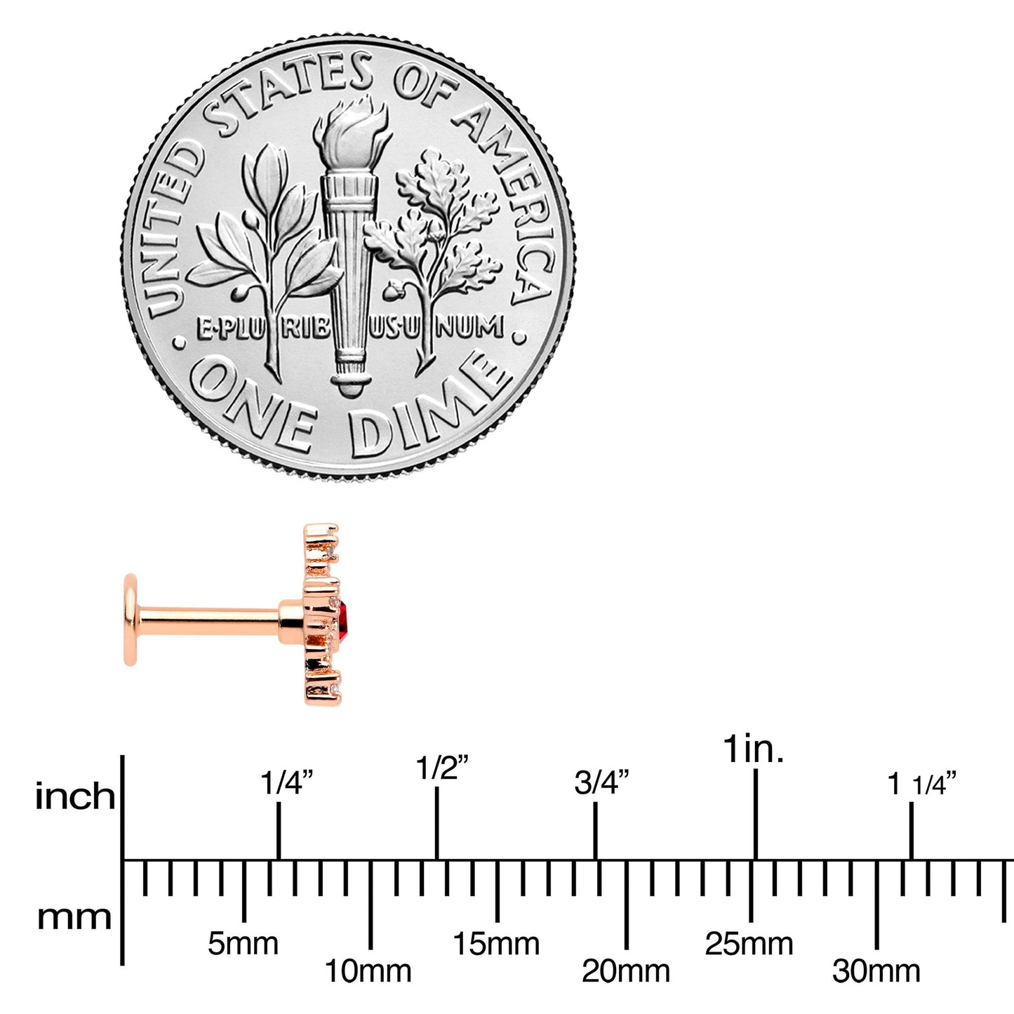 16G 1/4 Red Gem Rose Gold Tone Texture Snowflake Labret Tragus