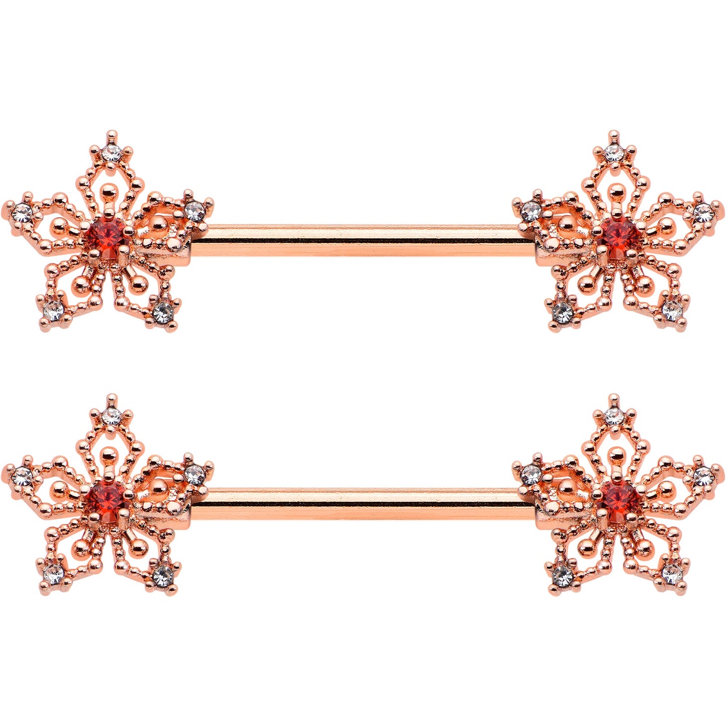 14G 9/16 Red Gem Rosy Hue Texture Snowflake Barbell Nipple Ring Set