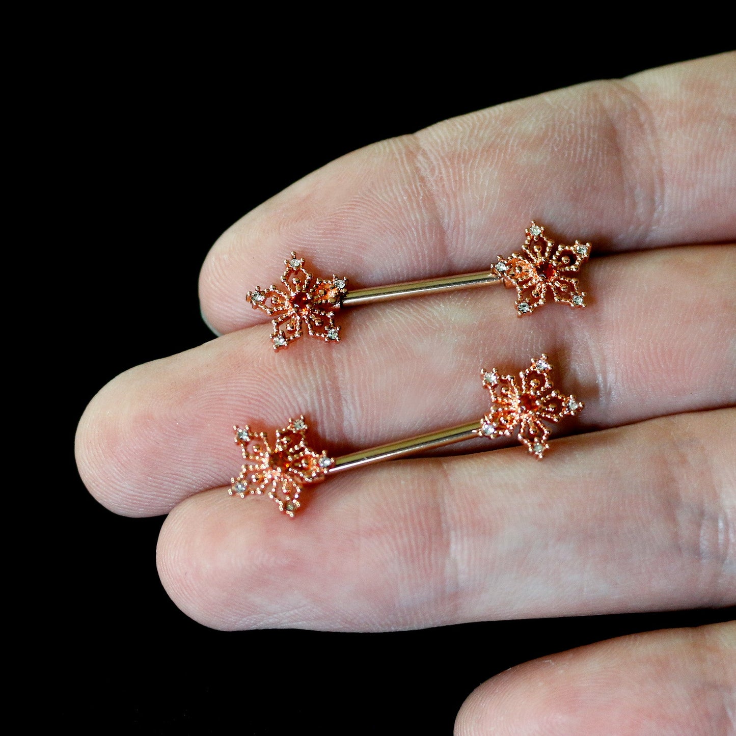 14G 9/16 Red Gem Rosy Hue Texture Snowflake Barbell Nipple Ring Set