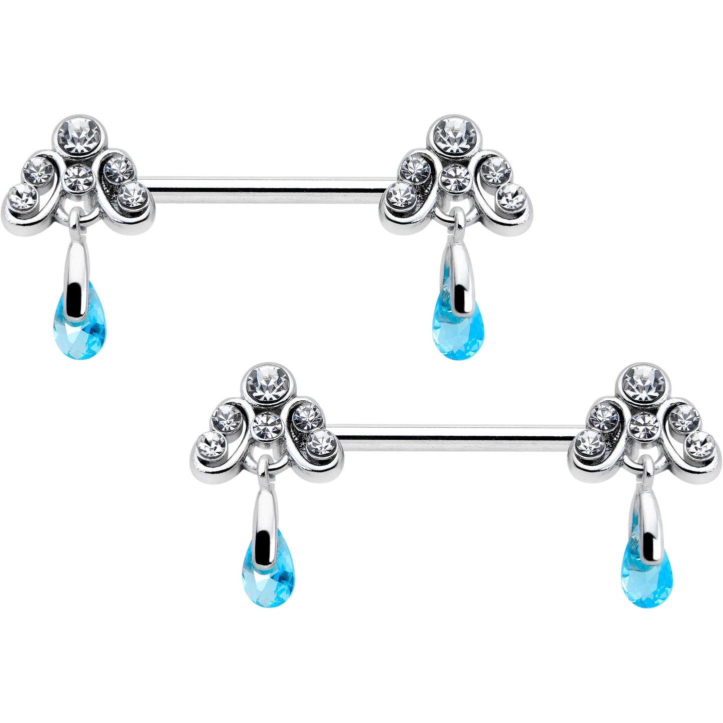 14G 9/16 Blue Gem Scrolling Elegance Dangle Nipple Ring Set