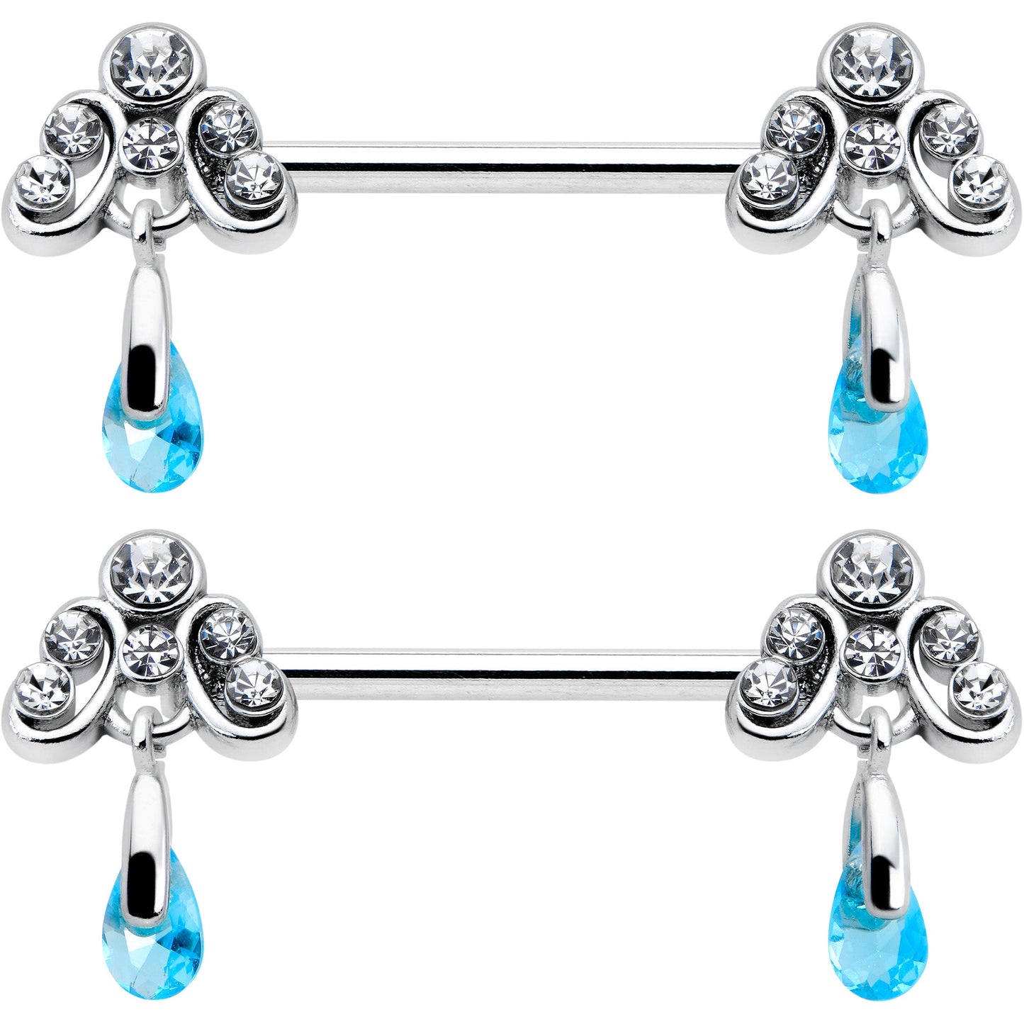 14G 9/16 Blue Gem Scrolling Elegance Dangle Nipple Ring Set