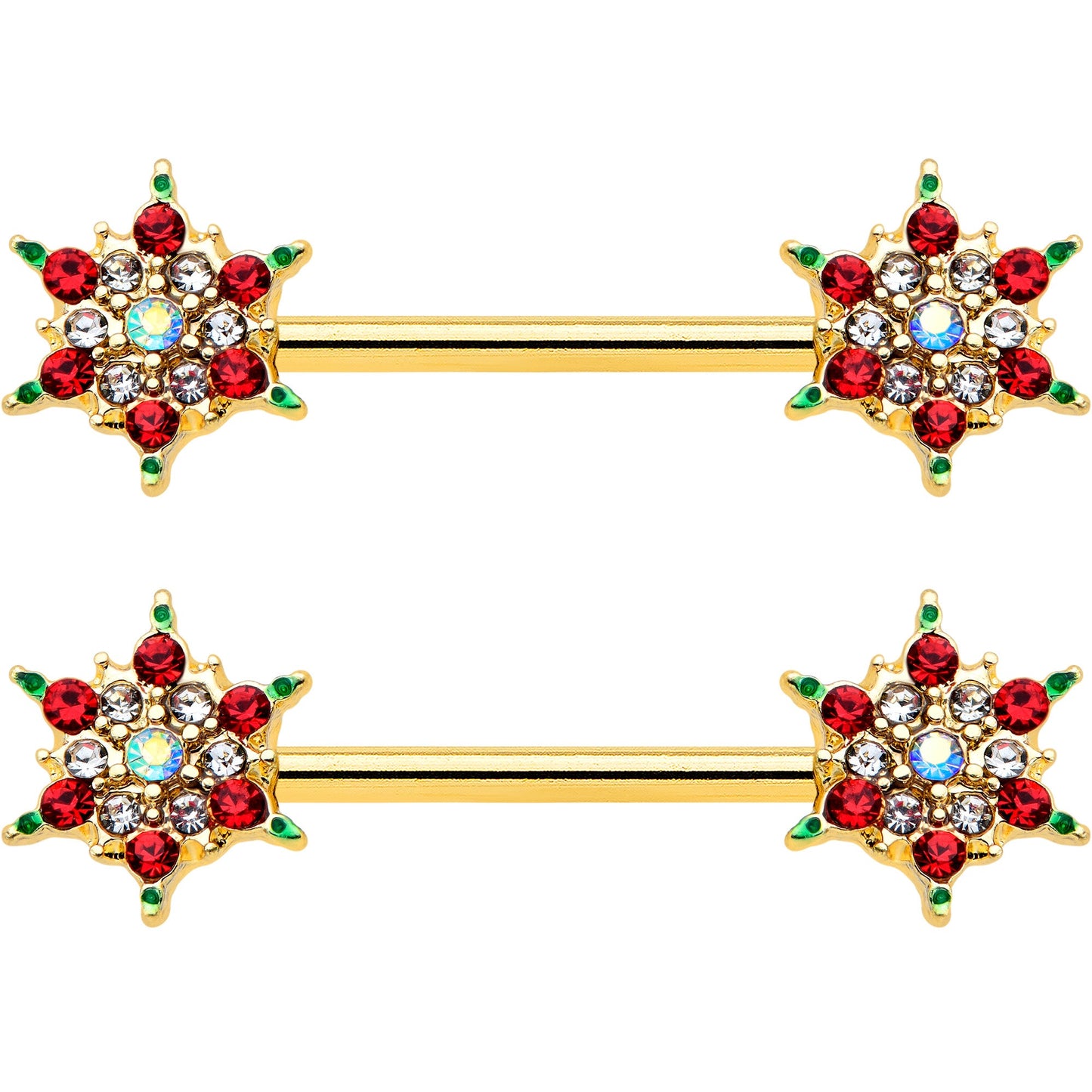 14G 9/16 Red Gem Gold Hue Bright Christmas Barbell Nipple Ring Set