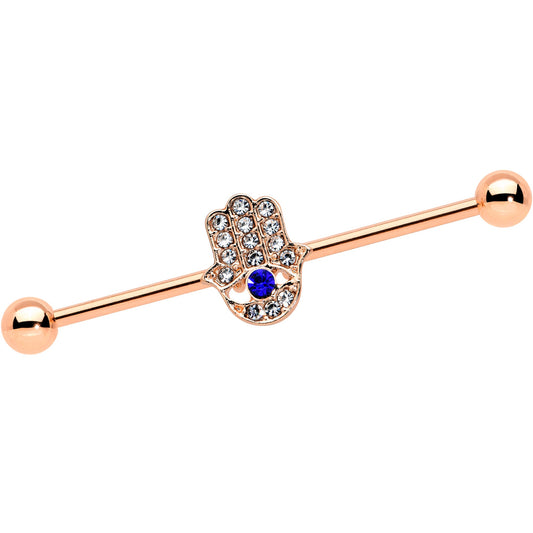 14G Blue Gem Rose Gold Tone Hamsa Hand Eye Industrial Barbell 38mm
