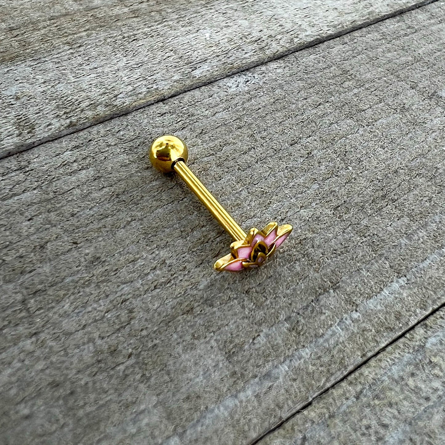 Gold Tone Lotus Flower Pink Peace Barbell Tongue Ring
