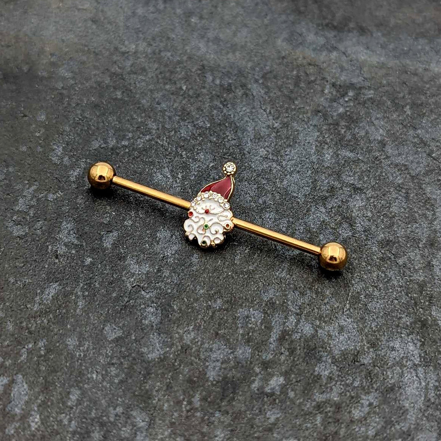 14G Clear Gem Gold Tone Decorated Santa Holiday Industrial Barbell 38mm