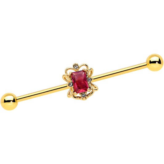 14G Red Gem Gold Tone Regal Escutcheon Industrial Barbell 38mm