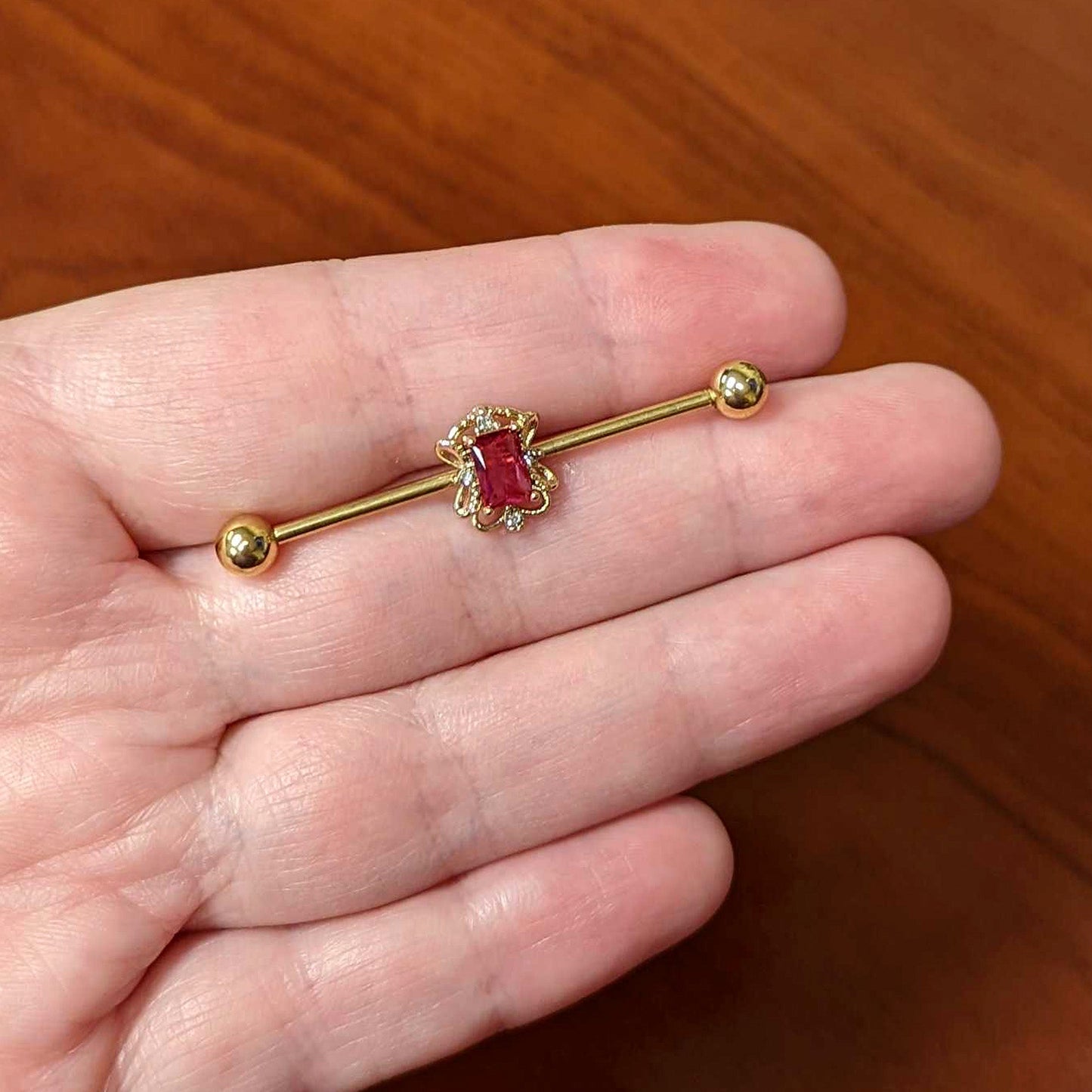 14G Red Gem Gold Tone Regal Escutcheon Industrial Barbell 38mm