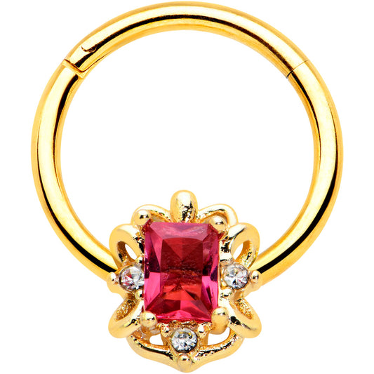 16G 3/8 Clear Pink Gem Gold Tone Open Oblong Hinged Segment Ring