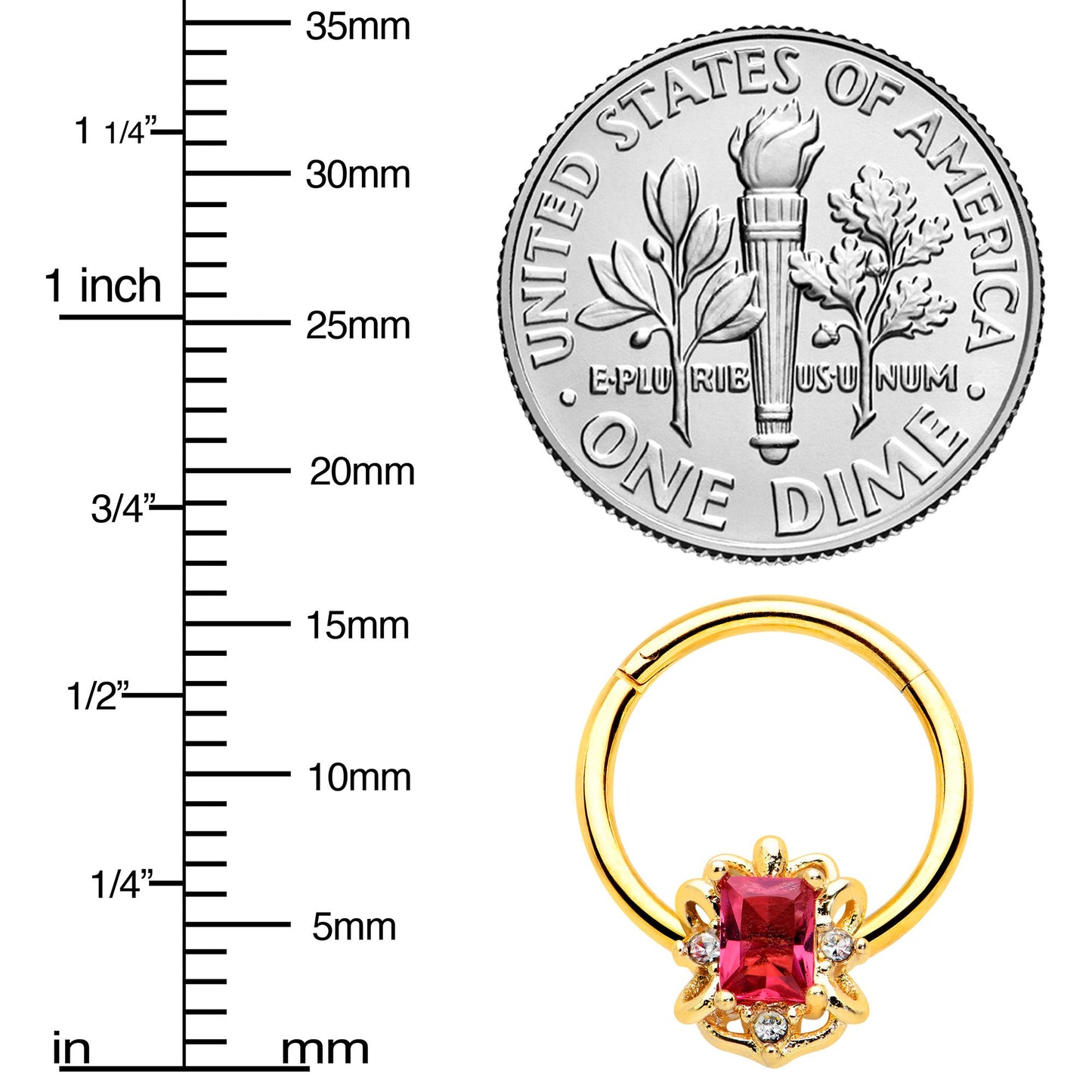 16G 3/8 Clear Pink Gem Gold Tone Open Oblong Hinged Segment Ring