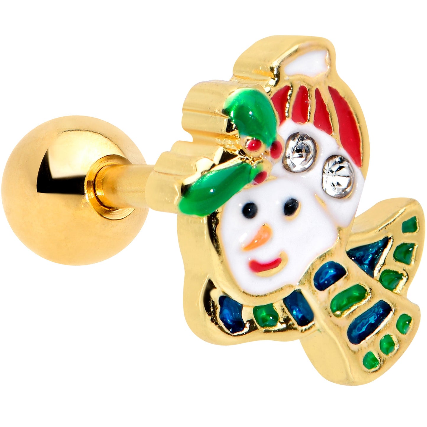 16G 1/4 Clear Gem Gold Tone Happy Snowman Cartilage Tragus